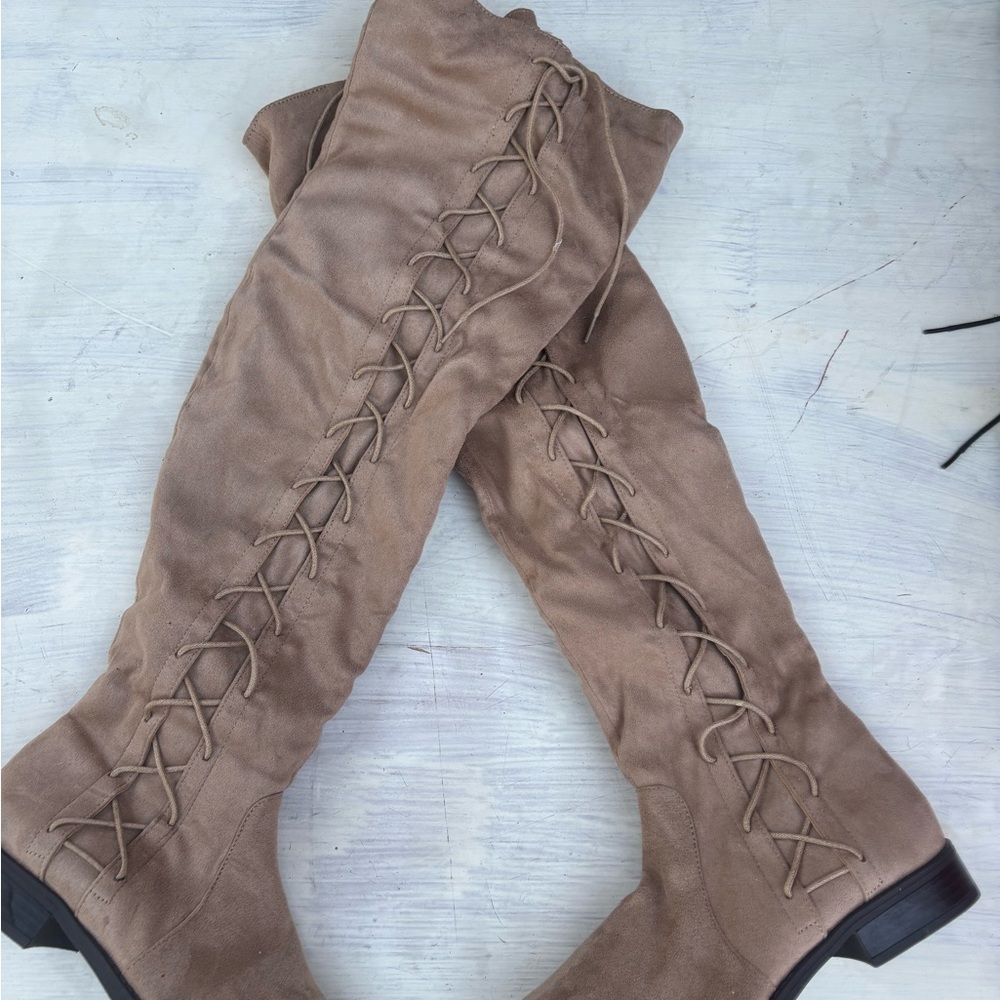 Women's Tan Over-the-Knee Lace-Up Boots